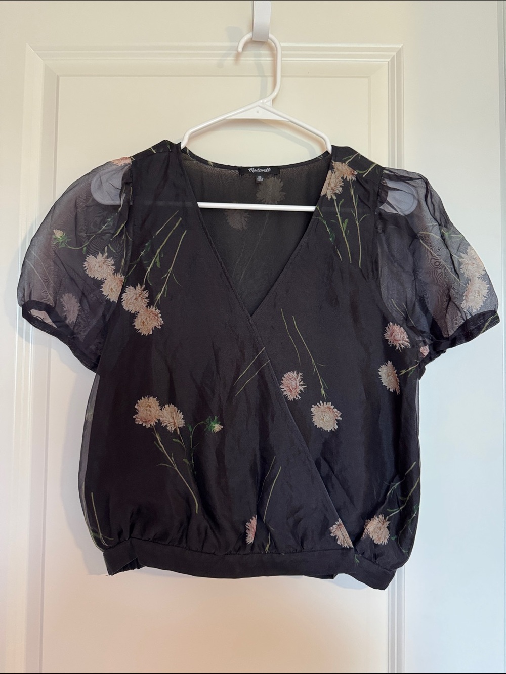 Madewell Black Floral Sheer Puff Sleeve Wrap Blouse